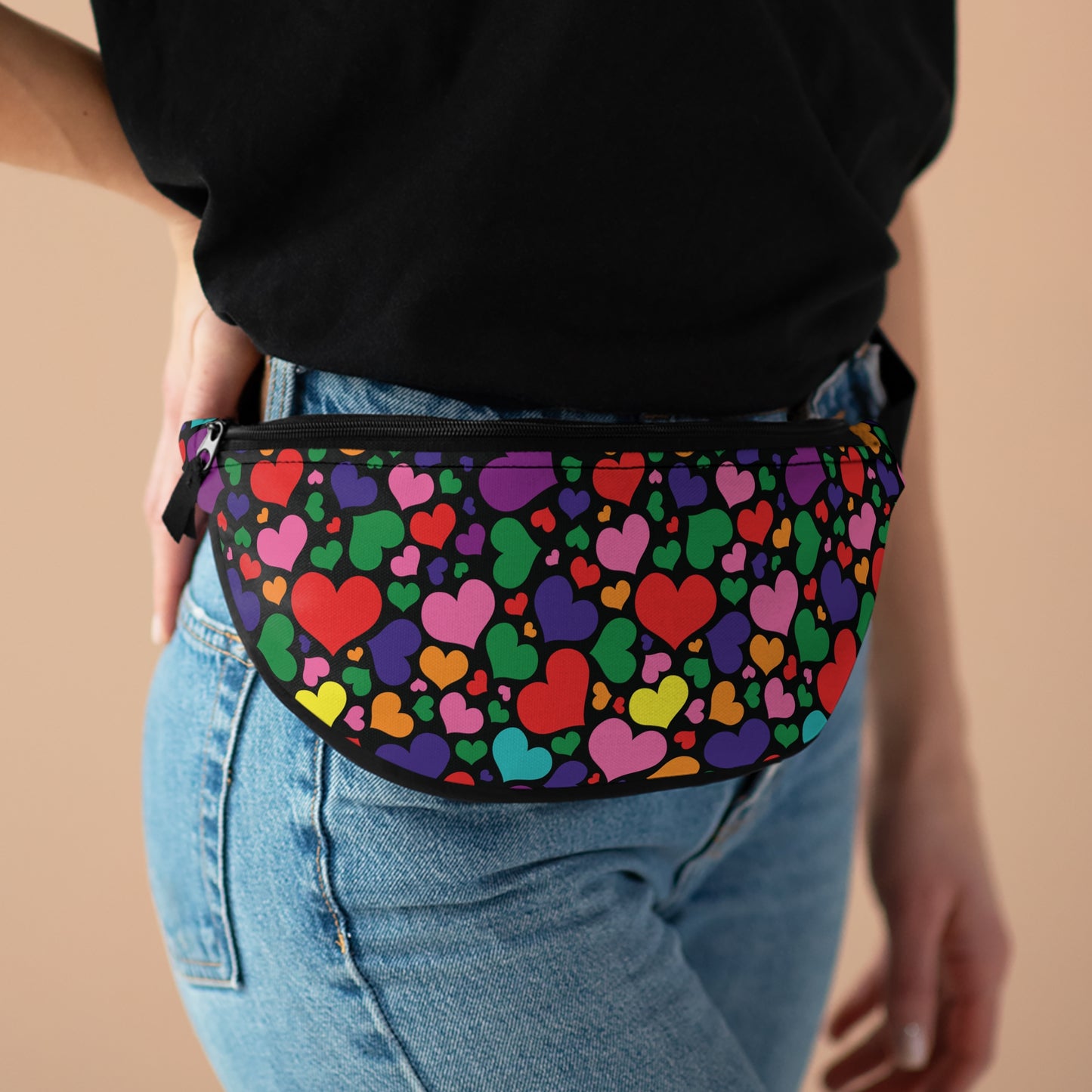 One size Gilbert Baker Rainbow Pride Hearts Black Fanny Pack