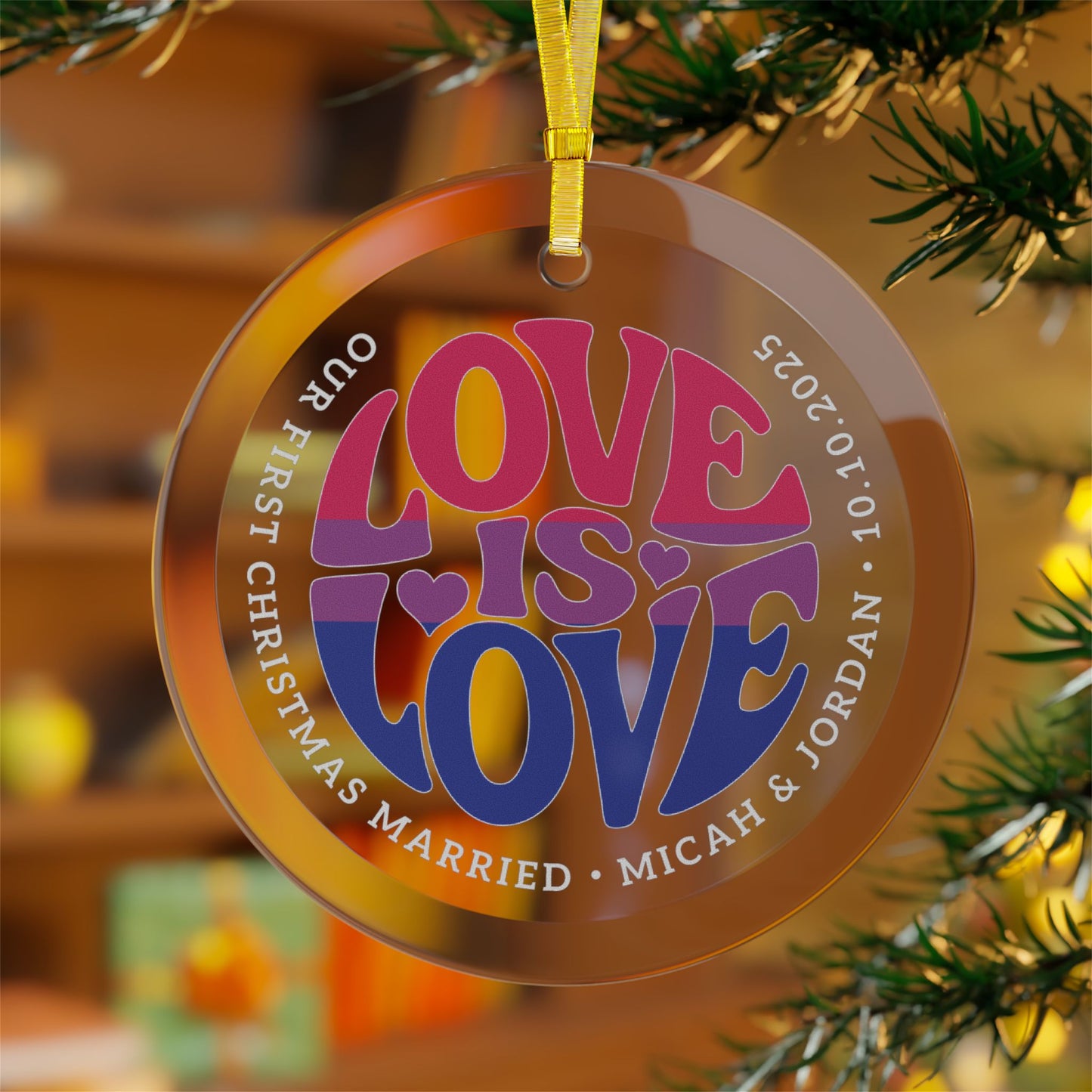 Custom Glass Love is Love Bisexual Pride 3.5" Circle Ornaments