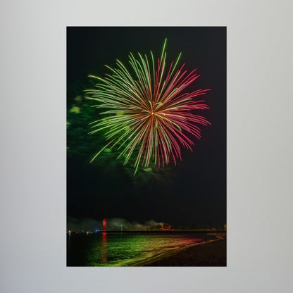 Green & Pink 4th of July Fireworks over Kenosha Pier Light Rolled Poster