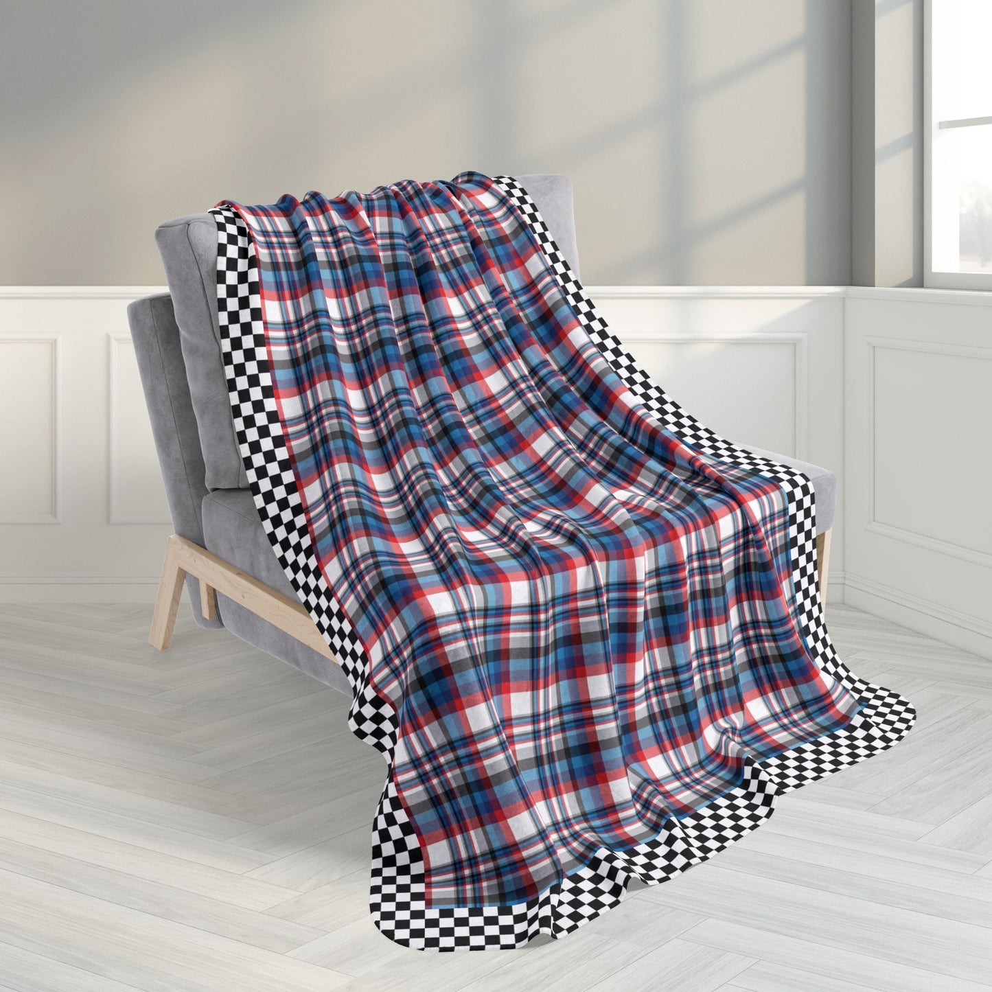 50" × 60" White, Red, Blue & Grey Ohio Plaid with Checkered Edge Fleece Sherpa Blanket