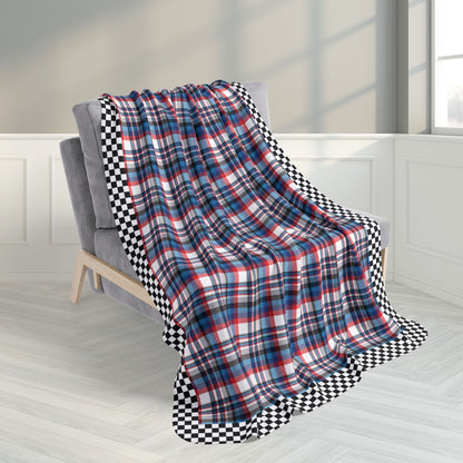 50" × 60" White, Red, Blue & Grey Ohio Plaid with Checkered Edge Fleece Sherpa Blanket