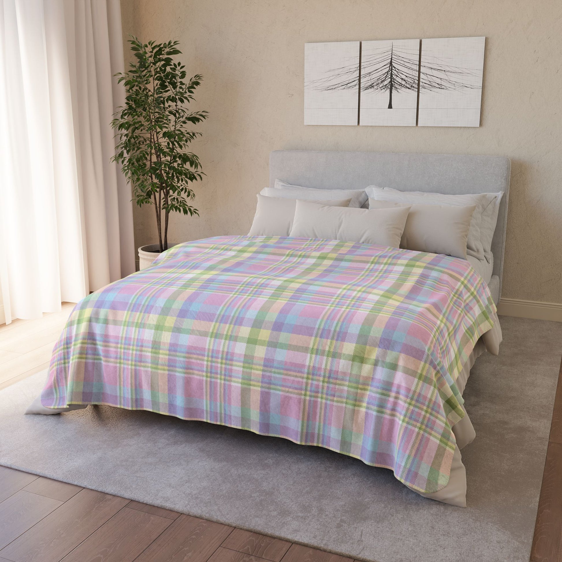 Easter Pastel Plaid Fleece Sherpa Blanket