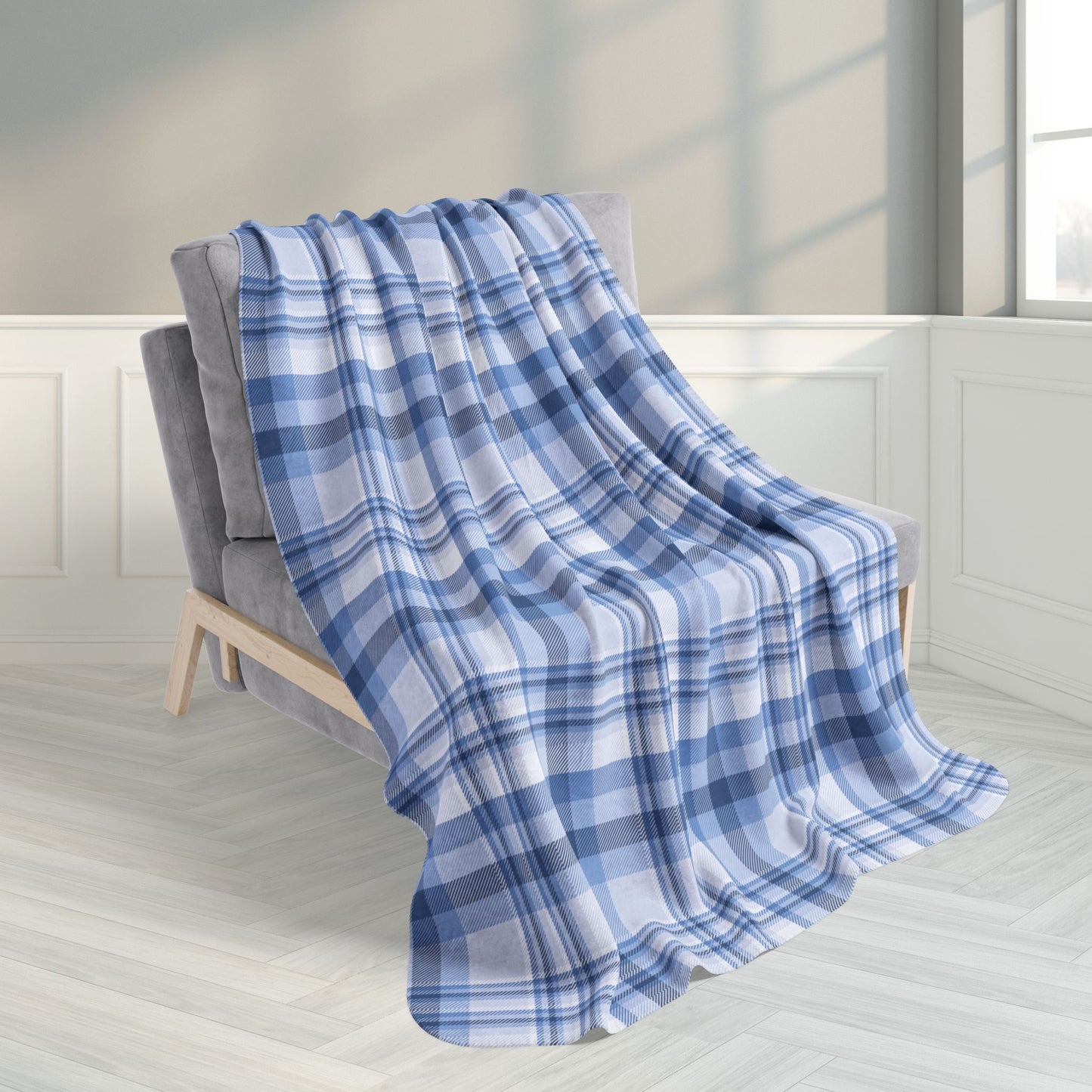 50" × 60" Winter Blue Plaid Fleece Sherpa Blanket