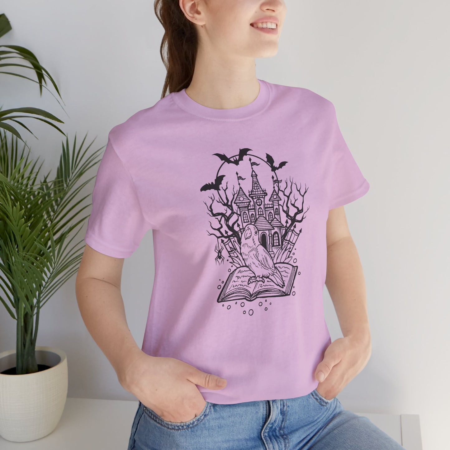 Lovebird on a Spell Book by a Haunted House, Line Art Tee