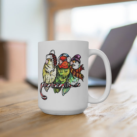 3 Lovebirds With Winter Wear & Perched on a Candy Cane, 11oz or 15oz Mug