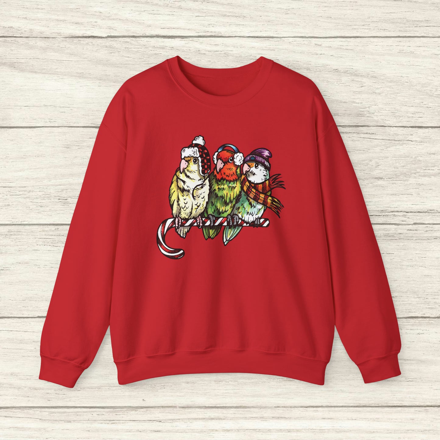 3 Lovebirds with Winter Wear & Perched on a Candy Cane, Crew Neck Sweatshirt