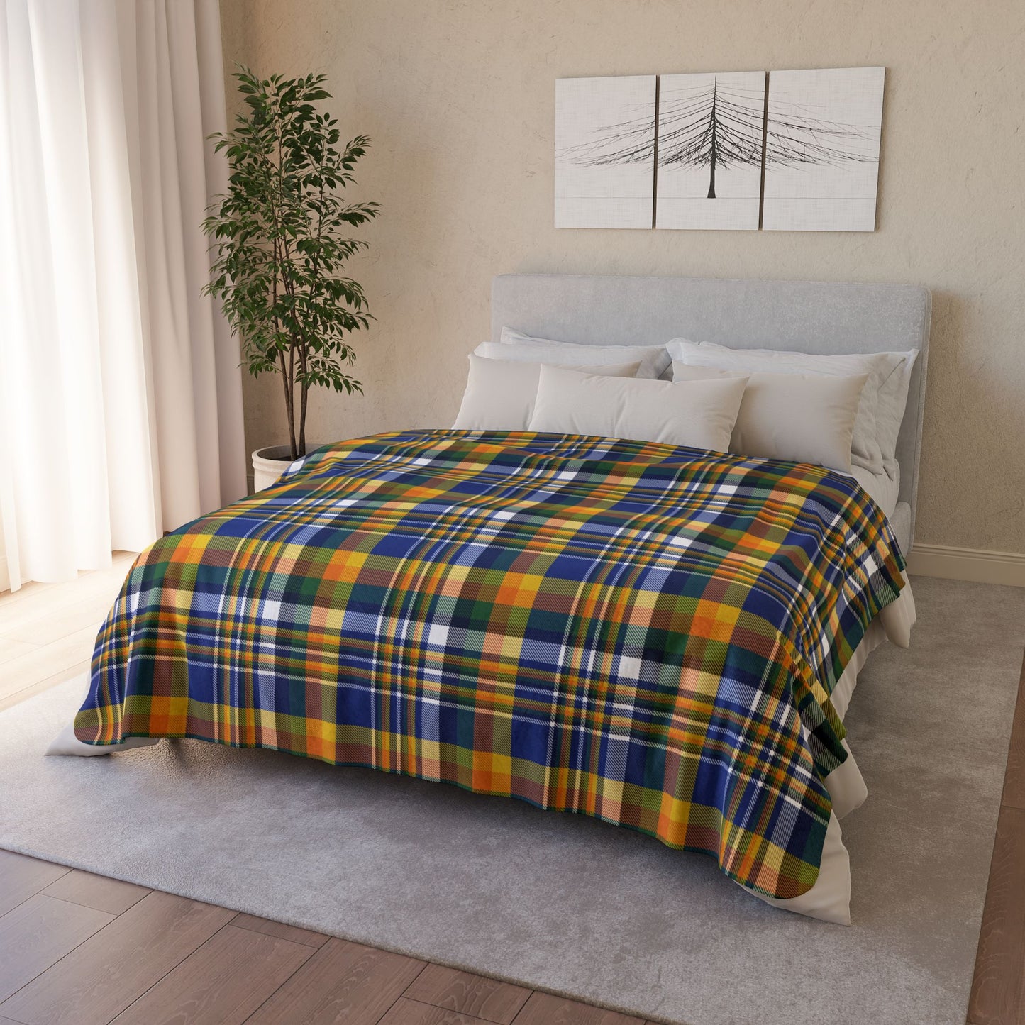Christmas Blue, Green & Yellow Los Angeles CA Plaid Fleece Sherpa Blanket
