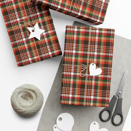 29'' x 72" Satin Christmas Brown & Orange Cleveland OH Plaid Gift Wrapping Paper Roll