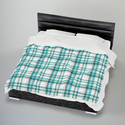 Coastal Teal Plaid Velveteen Plush Blanket