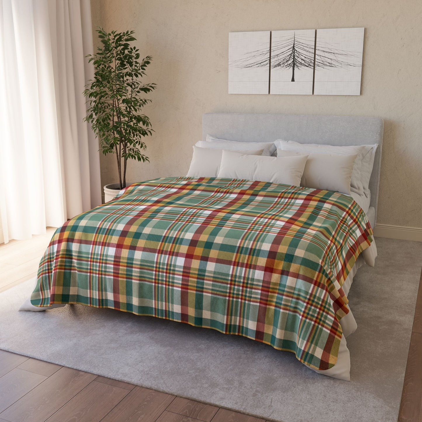 Christmas Red, Green & Gold Plaid Fleece Sherpa Blanket