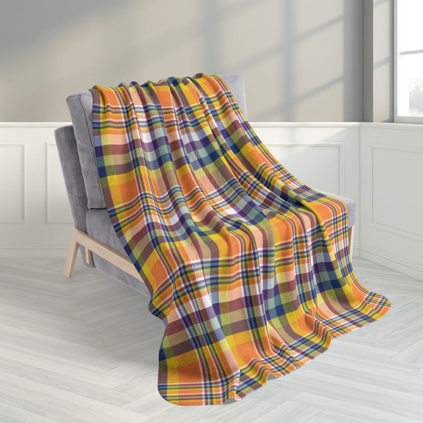 50" × 60" Orange, Yellow, Blue & Purple Doswell VA Plaid Fleece Sherpa Blanket
