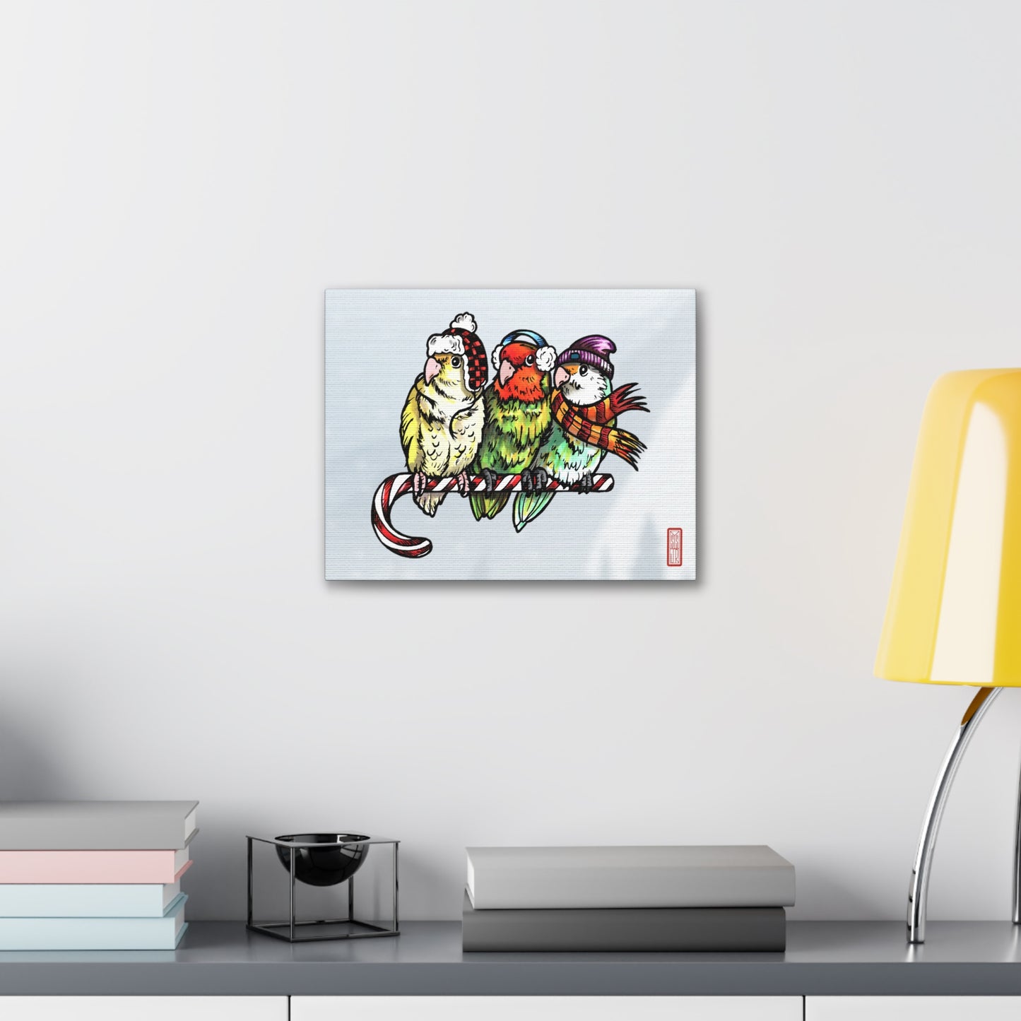 3 Lovebirds with Winter Wear & Perched on a Candy Cane, Canvas Wrap Wall Art