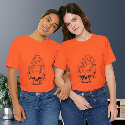 Crazy Scientist Lovebird Sitting on a Skull, Line Art Tee