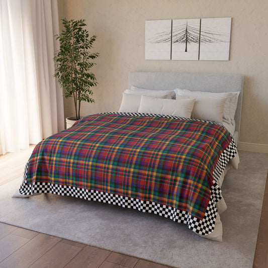 60" × 80" Beige Red, Yellow, Green, Blue & Purple Ohio Plaid with Checkered Edge Fleece Sherpa Blanket