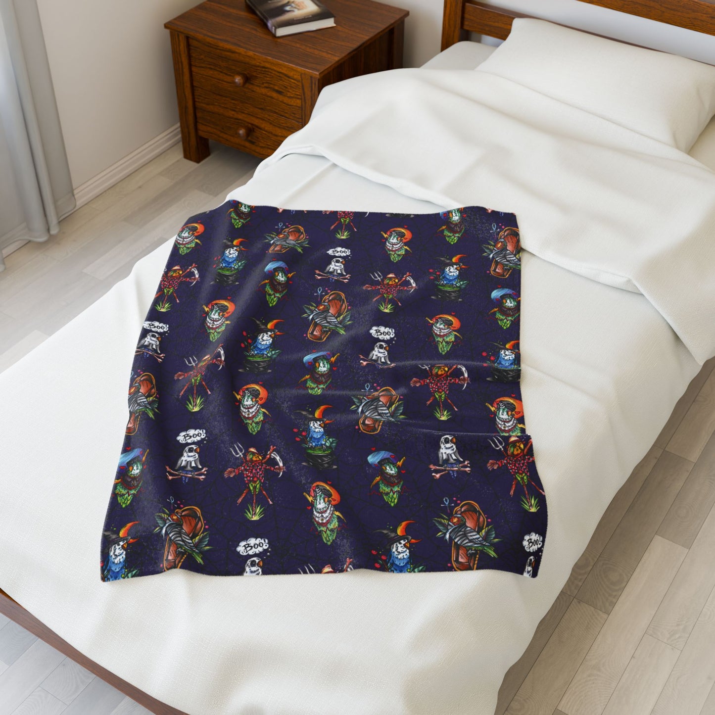 Halloween Lovebirds Velveteen Plush Blanket, Hand-Drawn & Hand-Colored