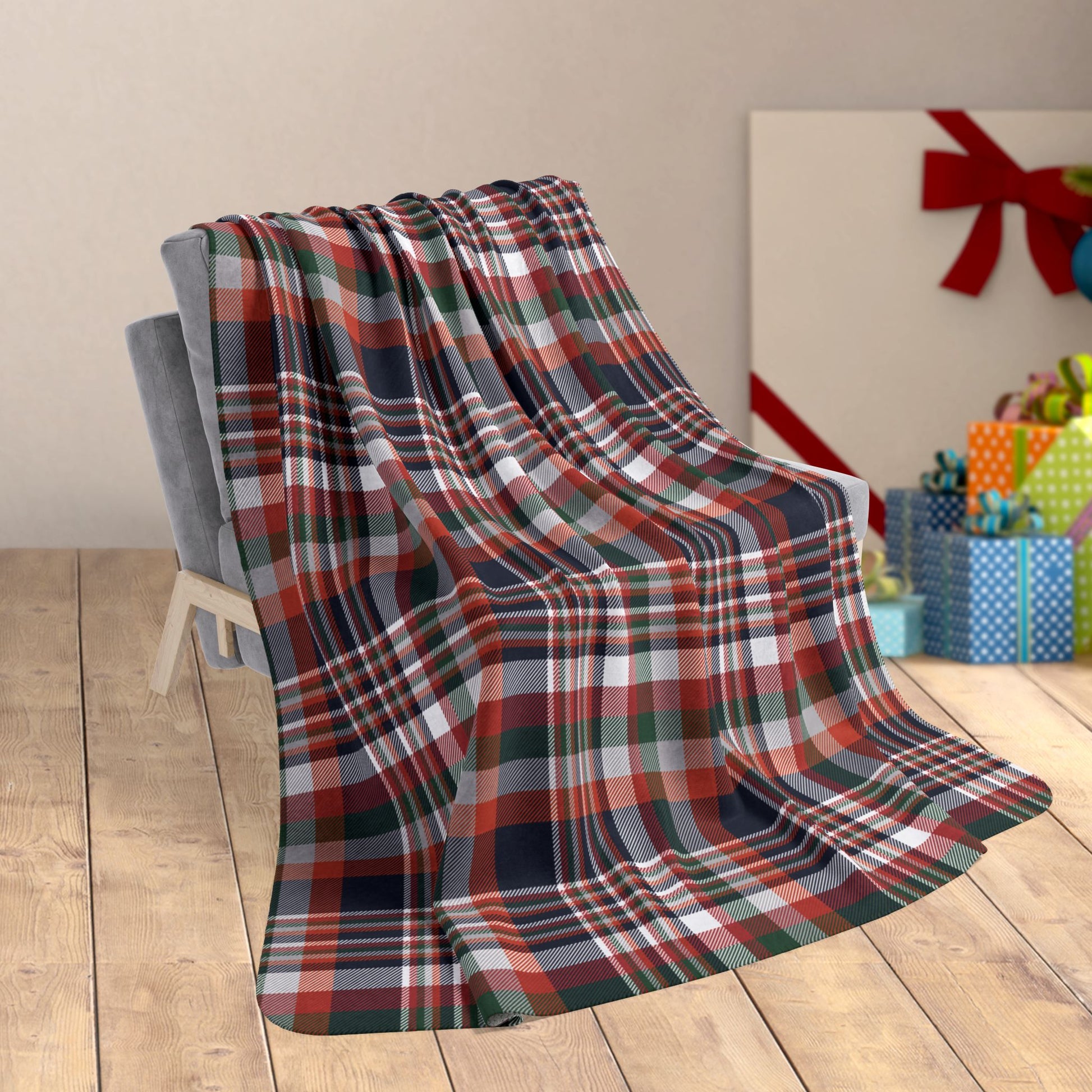 60" × 80" Christmas Navy & Orange Chicago IL Plaid Fleece Sherpa Blanket