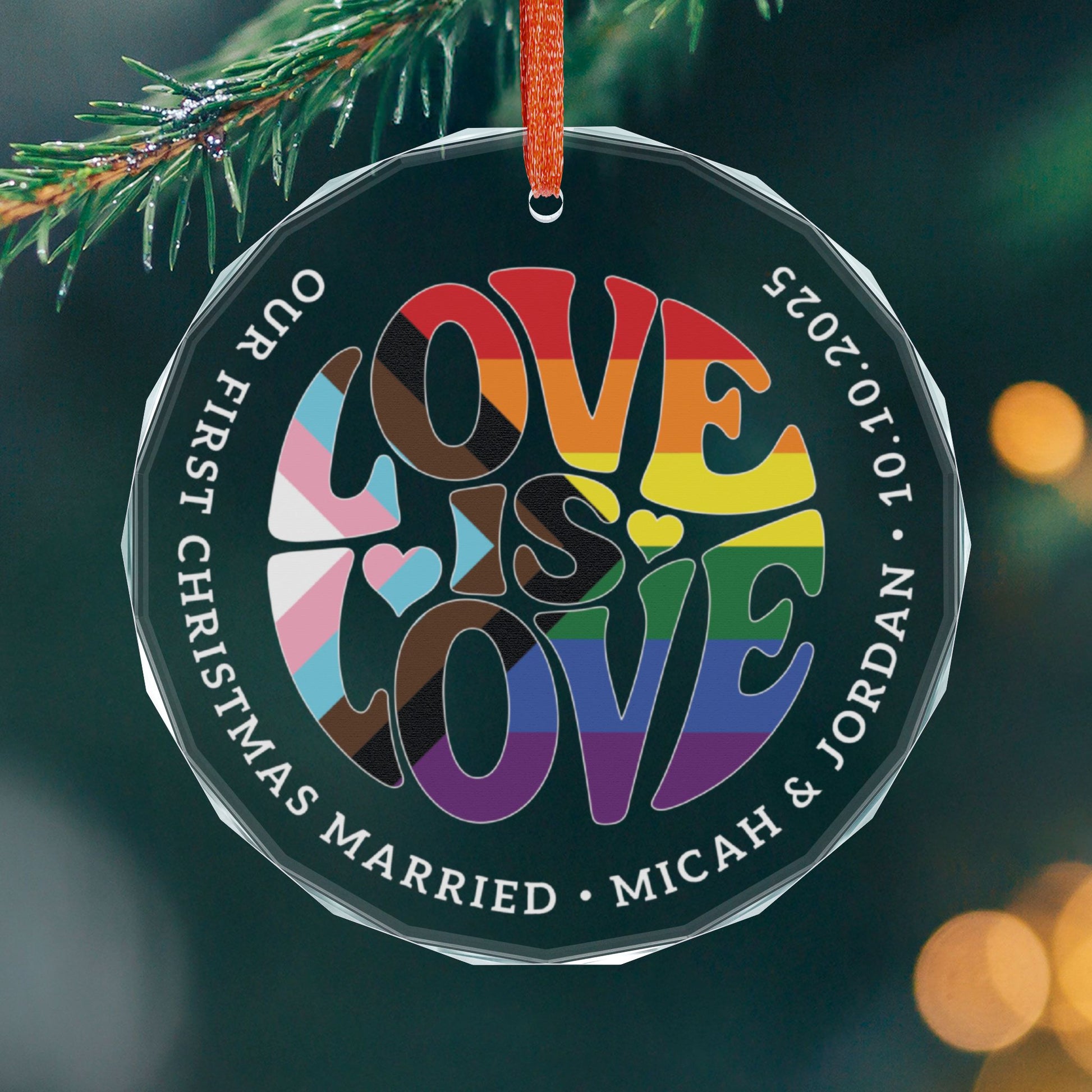 Round One size Custom Crystal Love is Love Rainbow Progress Pride 3" Circle Ornament