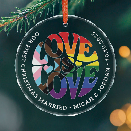 Round One size Custom Crystal Love is Love Rainbow Progress Pride 3" Circle Ornament