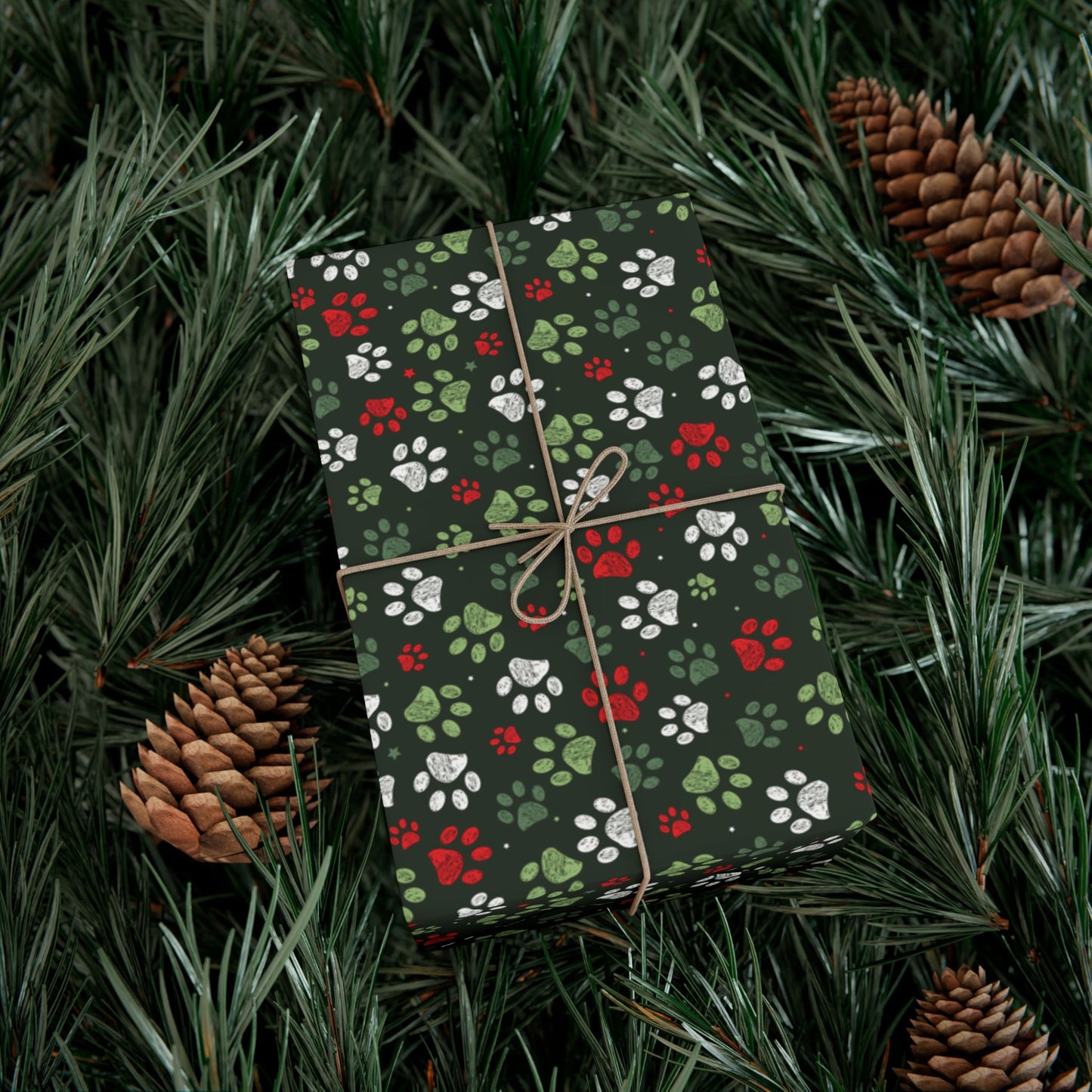 Christmas Greens, Red & White Paw Print Gift Wrapping Paper Roll