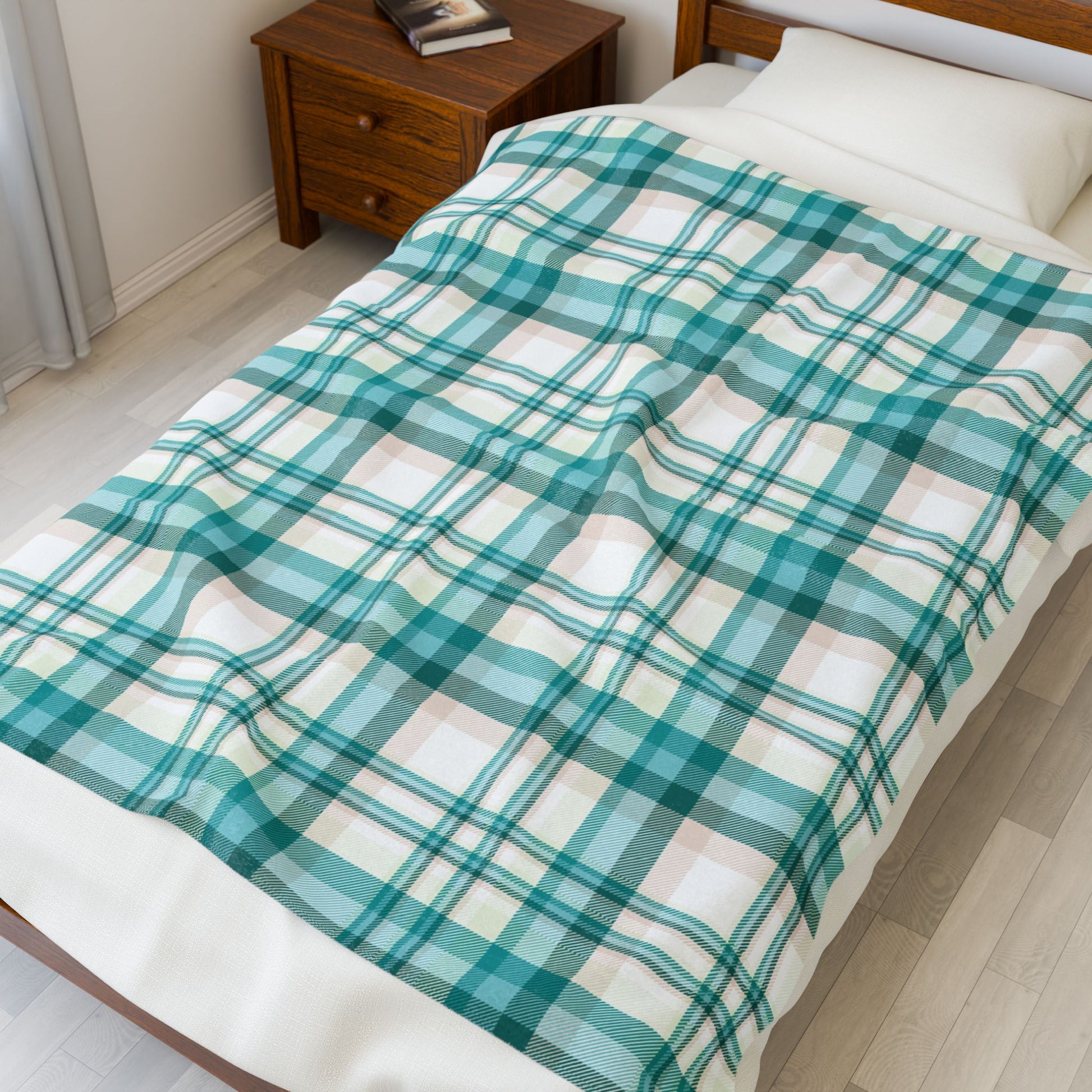 Coastal Teal Plaid Velveteen Plush Blanket