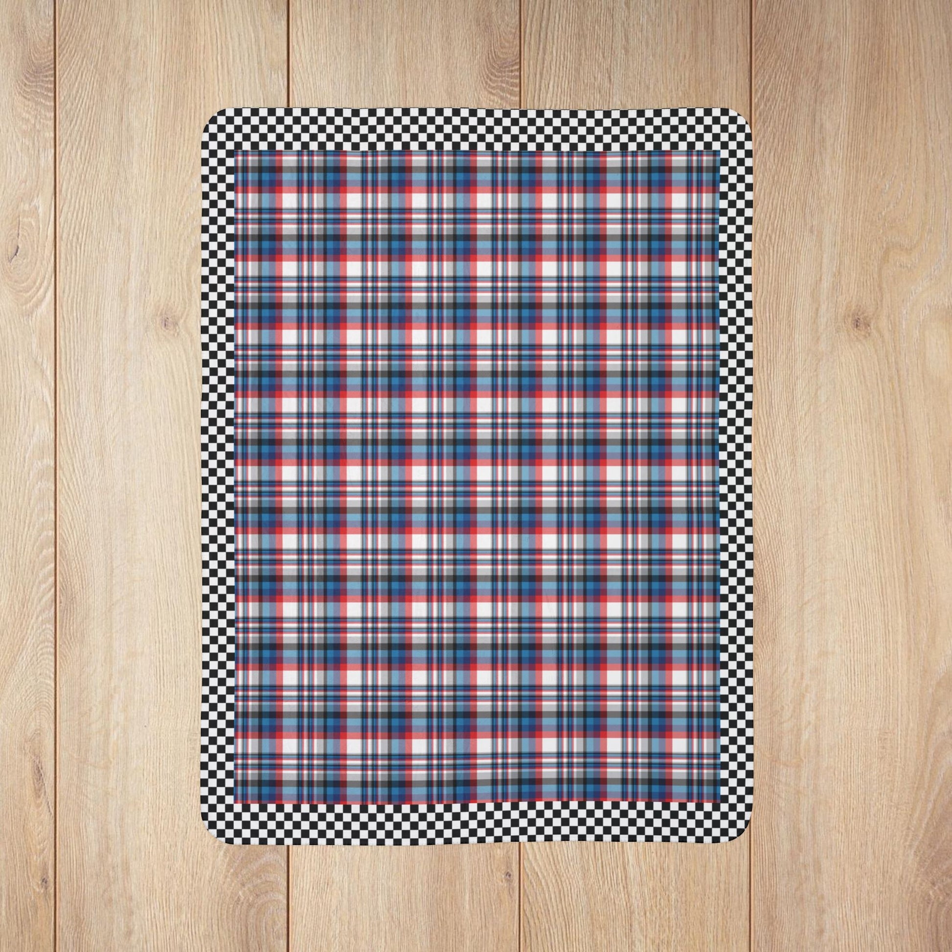 White, Red, Blue & Grey Ohio Plaid with Checkered Edge Fleece Sherpa Blanket