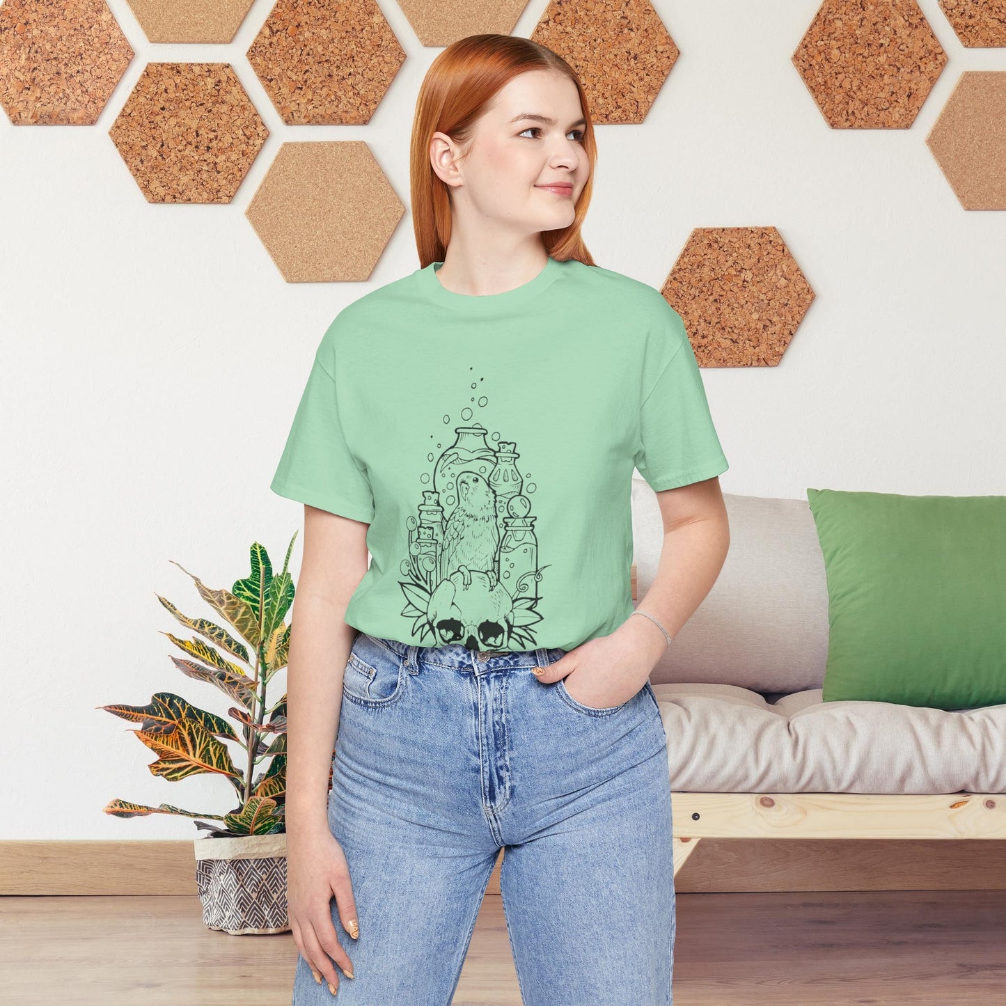 Crazy Scientist Lovebird Sitting on a Skull, Line Art Tee