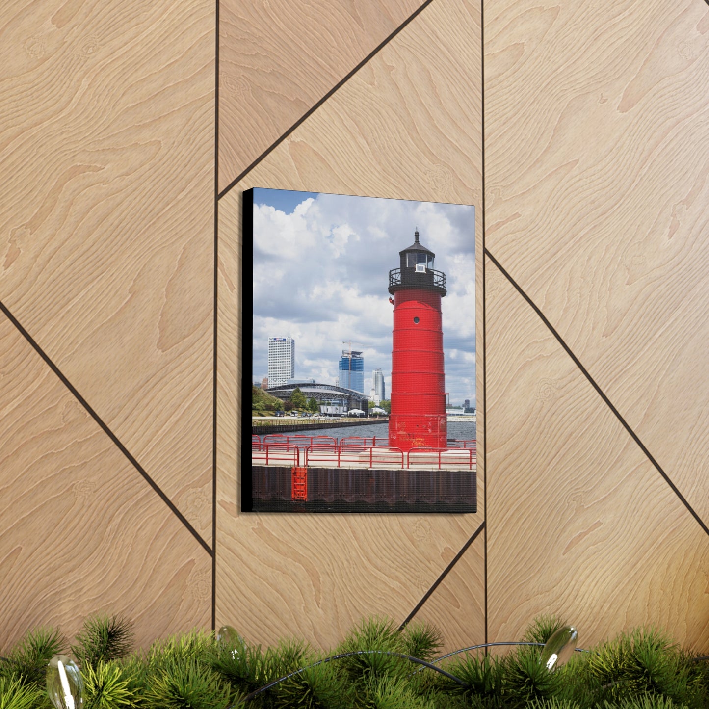 Milwaukee Wisconsin Lighthouse & Skyline; Milwaukee Pierhead Light, Photography Canvas Wrap Wall Art