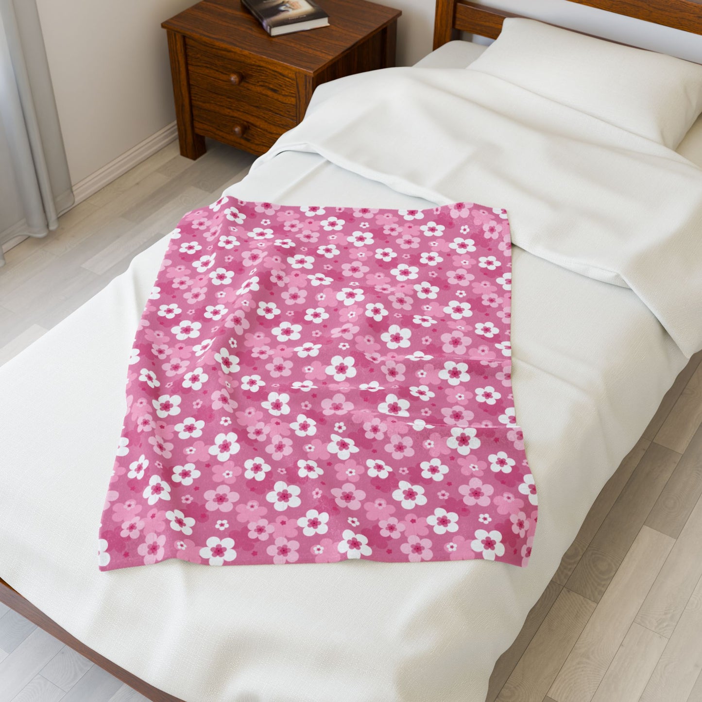 Pink Cherry Blossoms Velveteen Plush Blanket