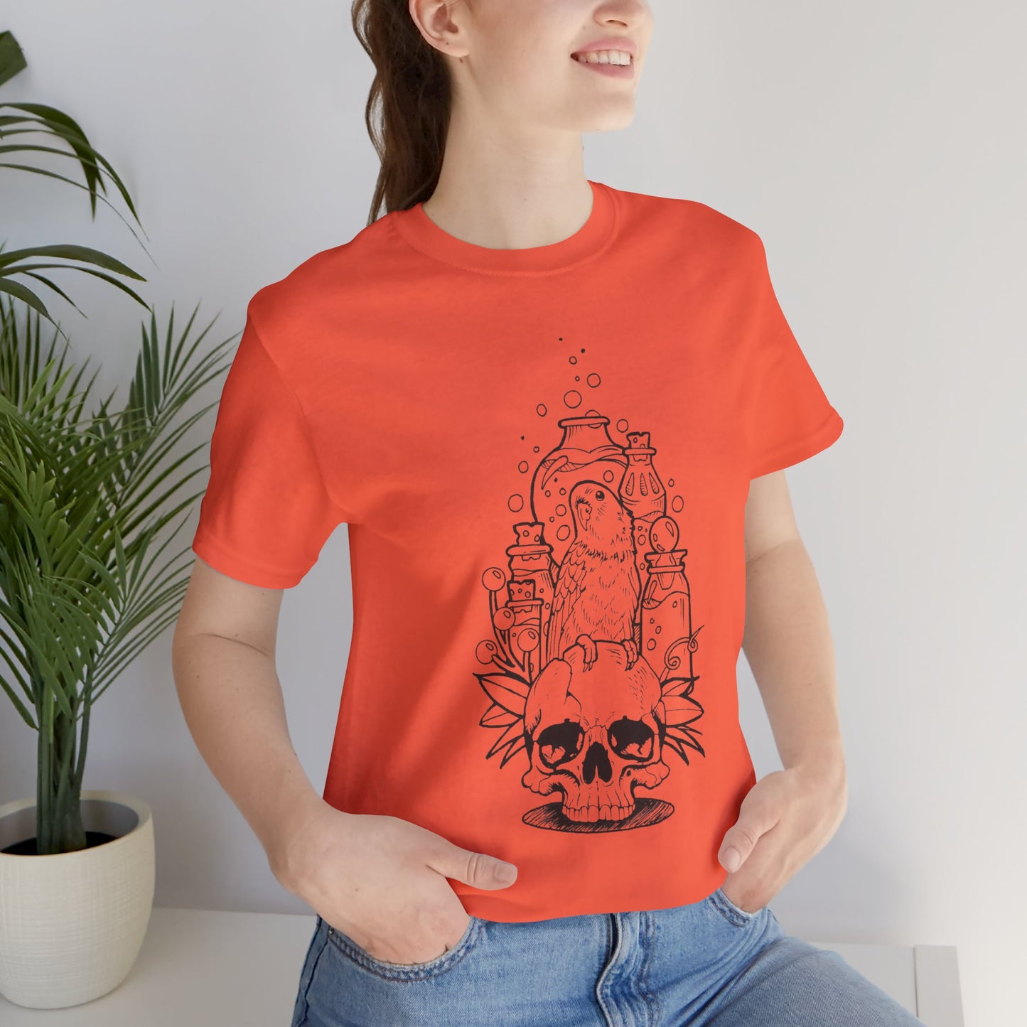 Crazy Scientist Lovebird Sitting on a Skull, Line Art Tee