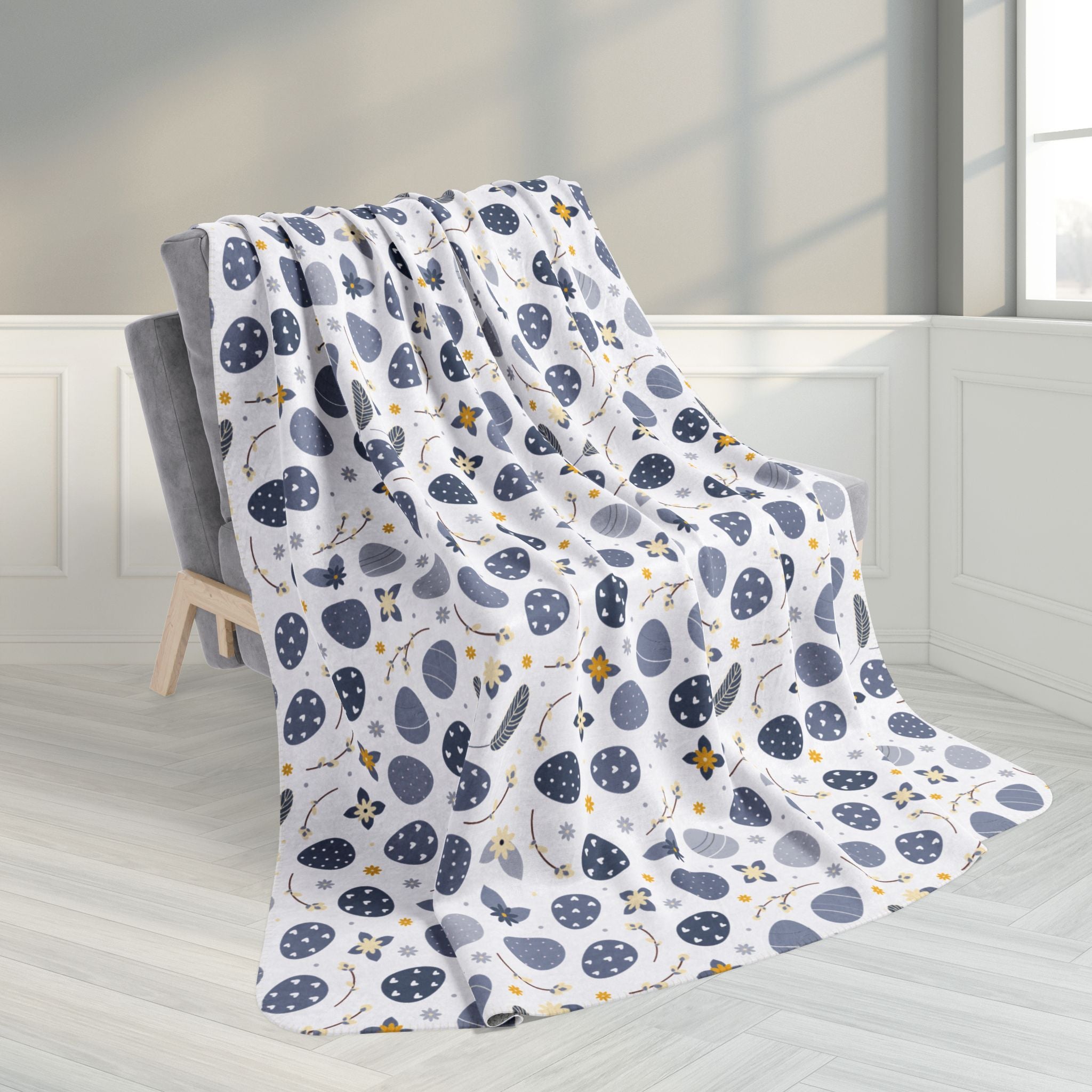 60" × 80" Grey Blue Easter Eggs White Fleece Sherpa Blanket