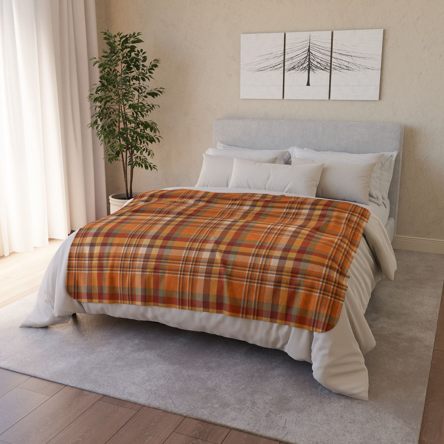 Autumn Orange Plaid Fleece Sherpa Blanket
