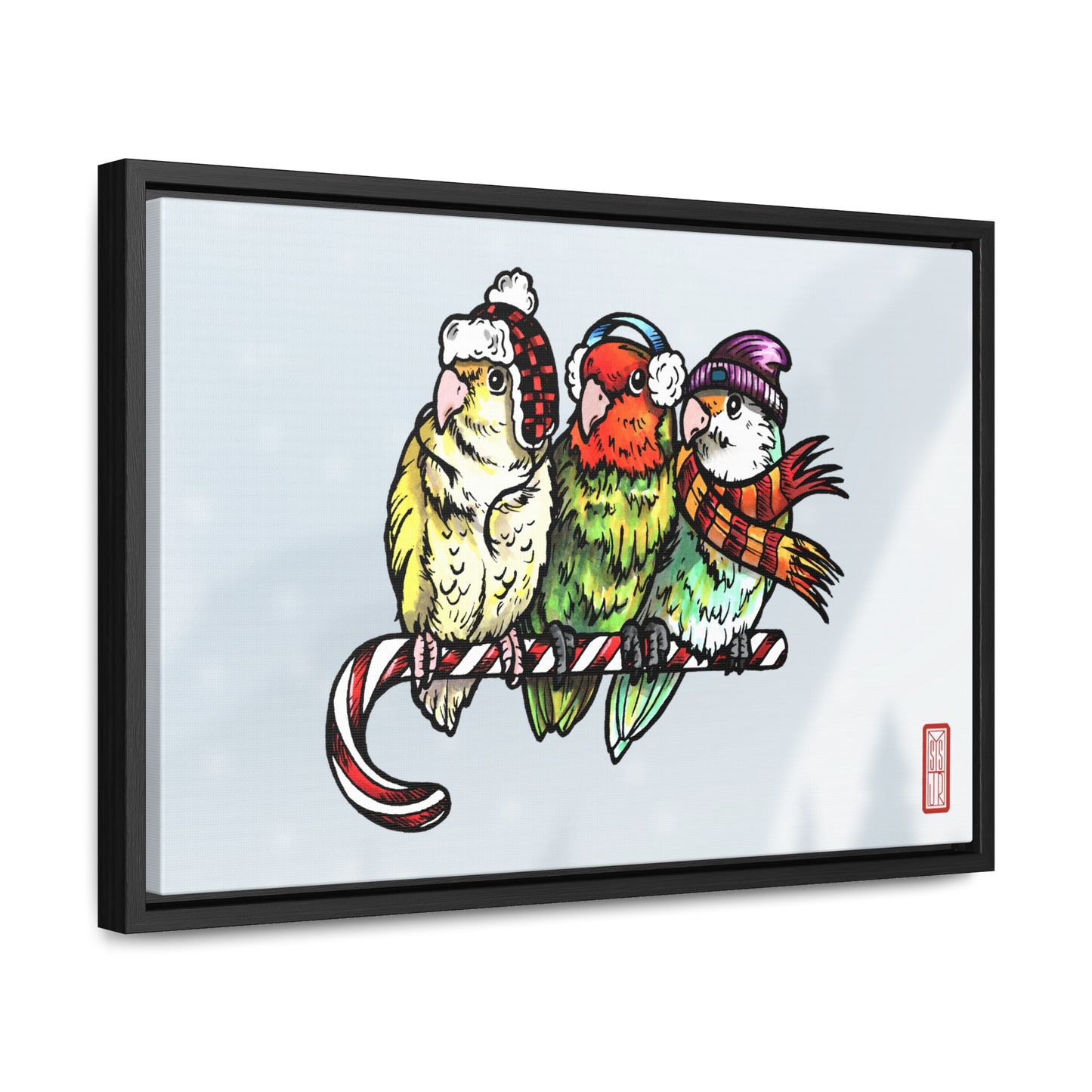 3 Lovebirds with Winter Wear & Perched on a Candy Cane, Framed Canvas Wrap Wall Art