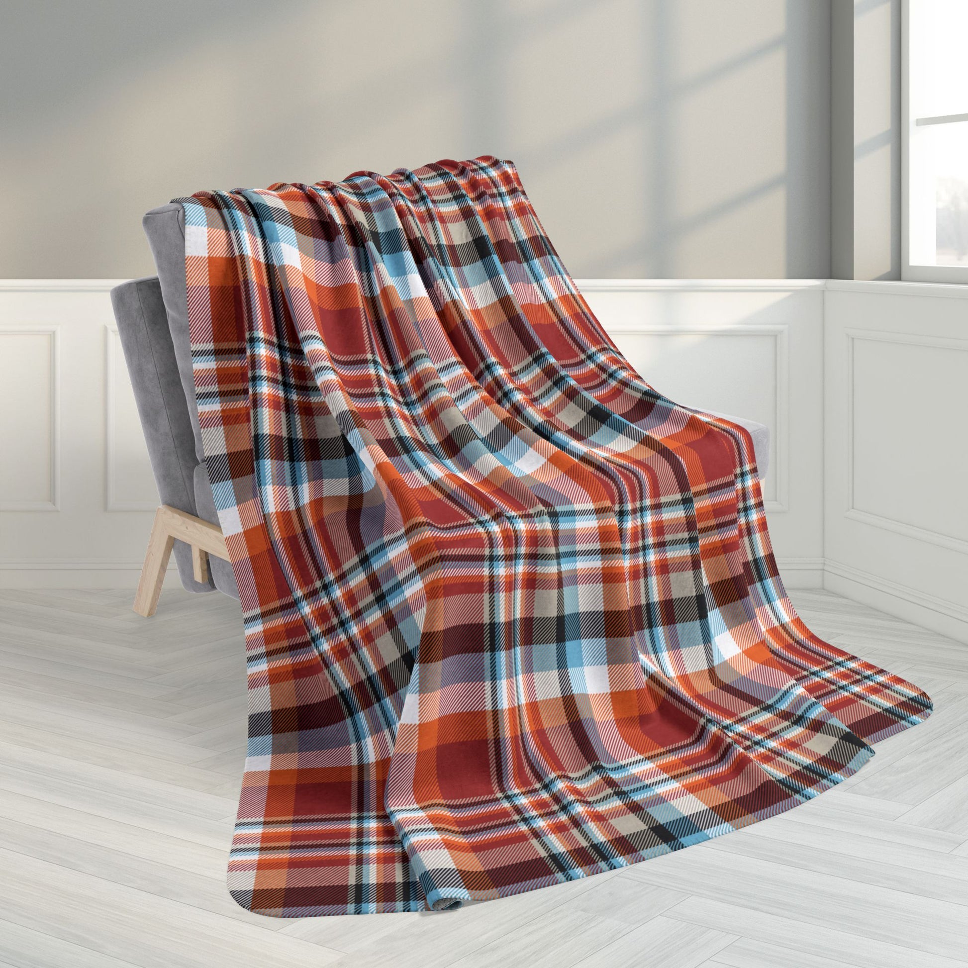 60" × 80" Red, Orange & Blue Sandusky OH Plaid Fleece Sherpa Blanket
