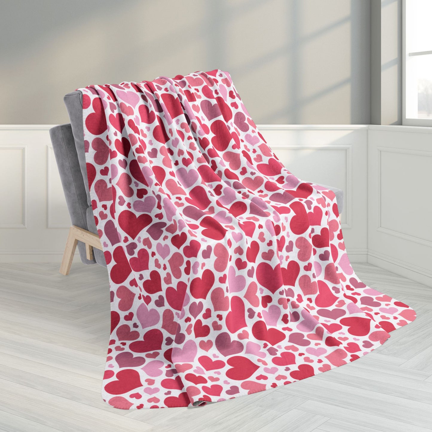 60" × 80" Full Hearts Valentine’s Day White Fleece Sherpa Blanket