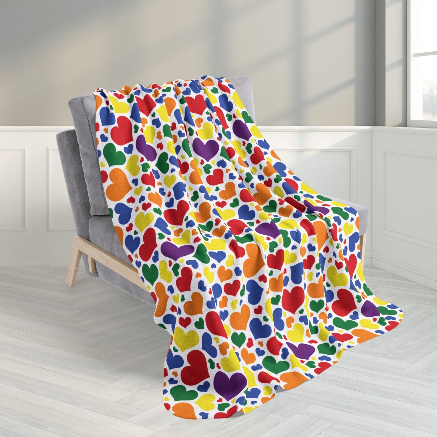 50" × 60" Rainbow Pride Valentine’s Day Hearts White Fleece Sherpa Blanket