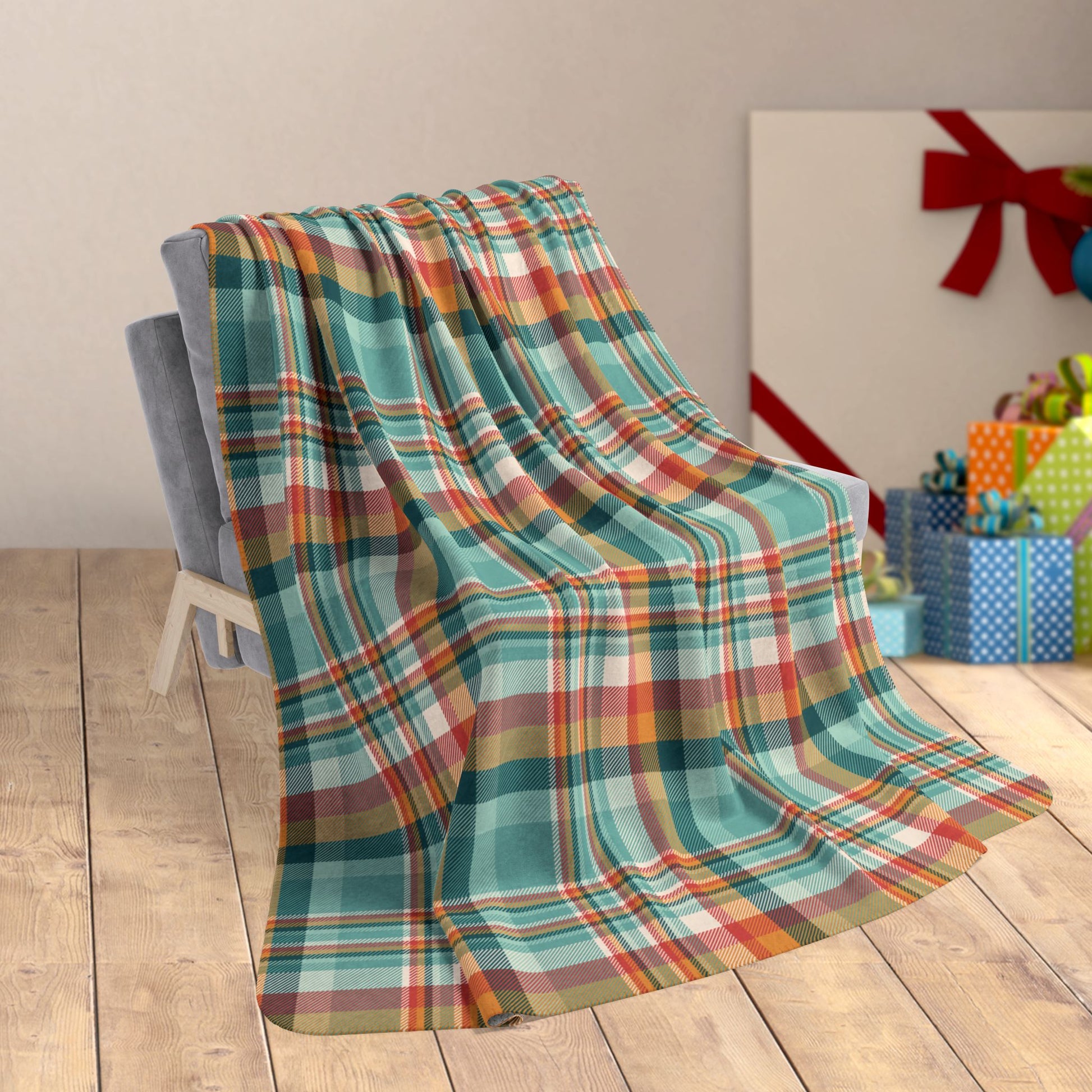 60" × 80" Christmas MCM Teal Plaid Fleece Sherpa Blanket