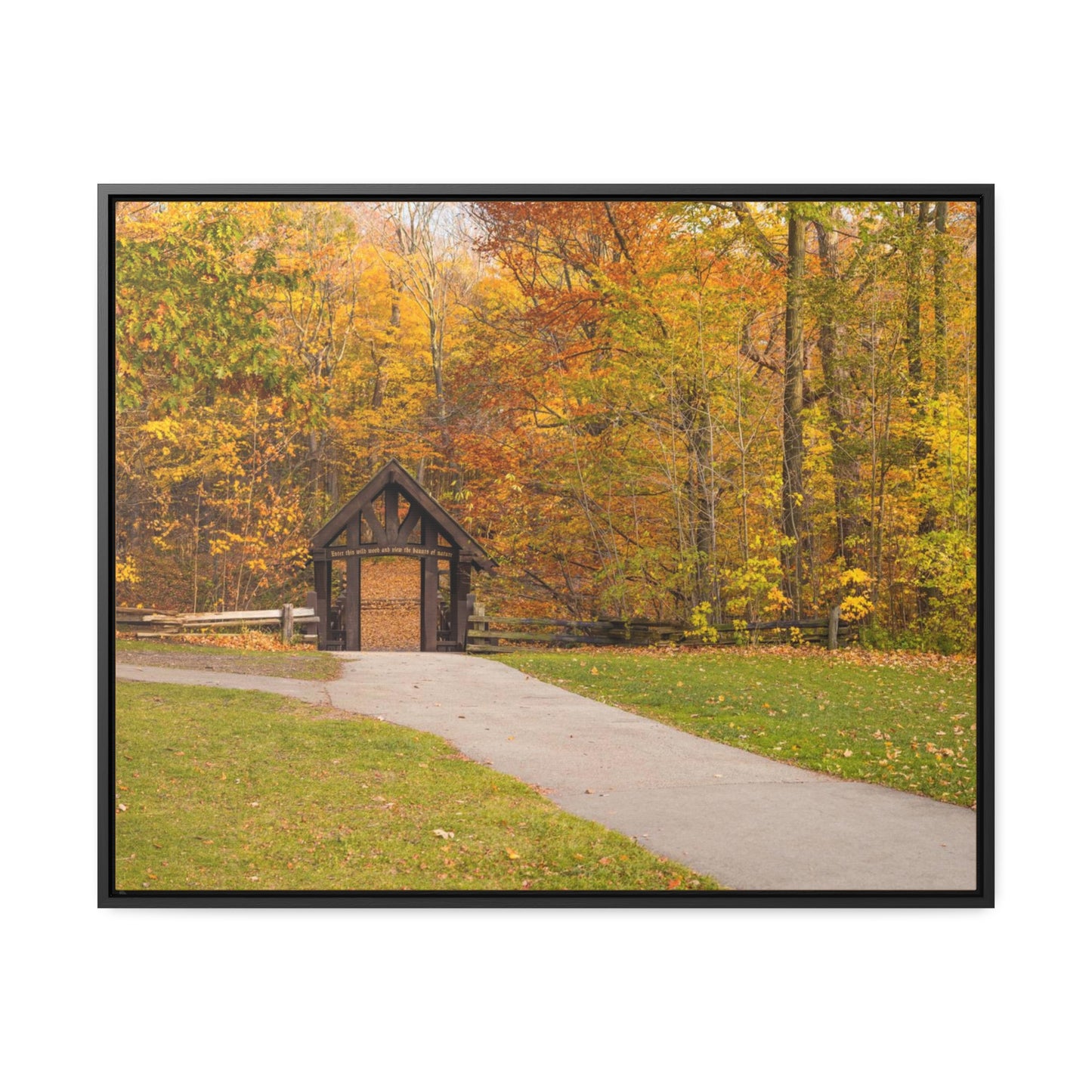 Seven Bridges Trail’s Covered Bridge at Grant Park in South Milwaukee Wisconsin, Photography Horizontal Framed Canvas Wrap Wall Art