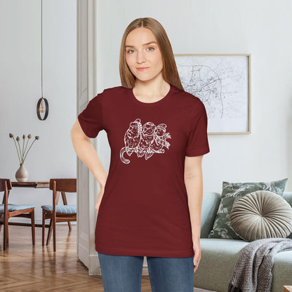 3 Lovebirds in Winter Wear & Perched on a Candy Cane, Line Art Tee