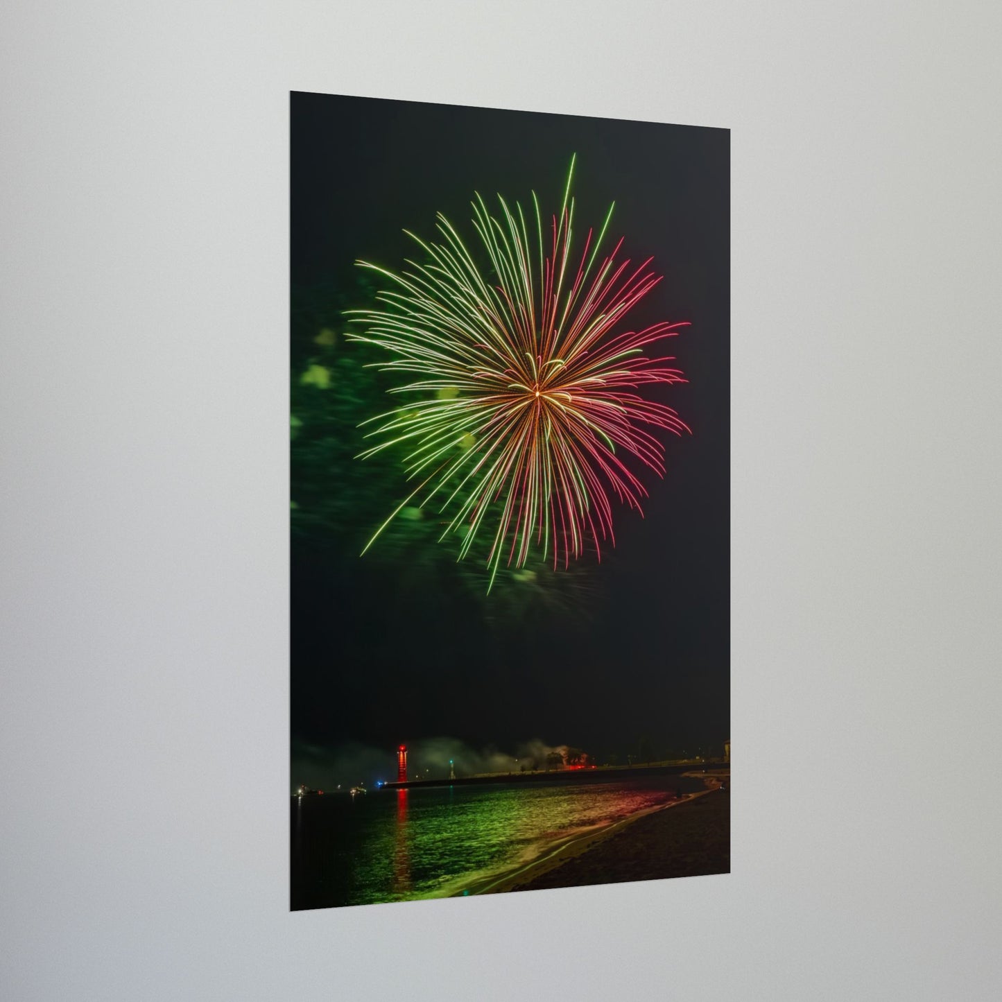 Green & Pink 4th of July Fireworks over Kenosha Pier Light Rolled Poster
