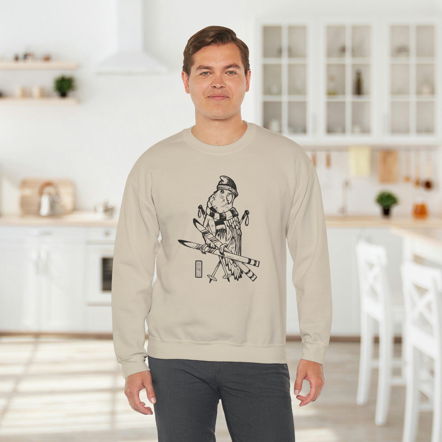 Lovebird Goes Skiing, Line Art Crew Neck Sweatshirt