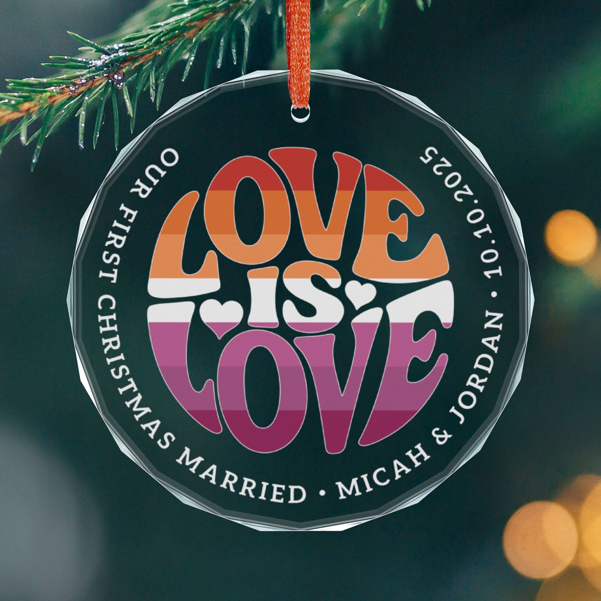 Round One size Custom Crystal Love is Love Lesbian 7-Stripe Sunset Pride 3" Circle Ornament