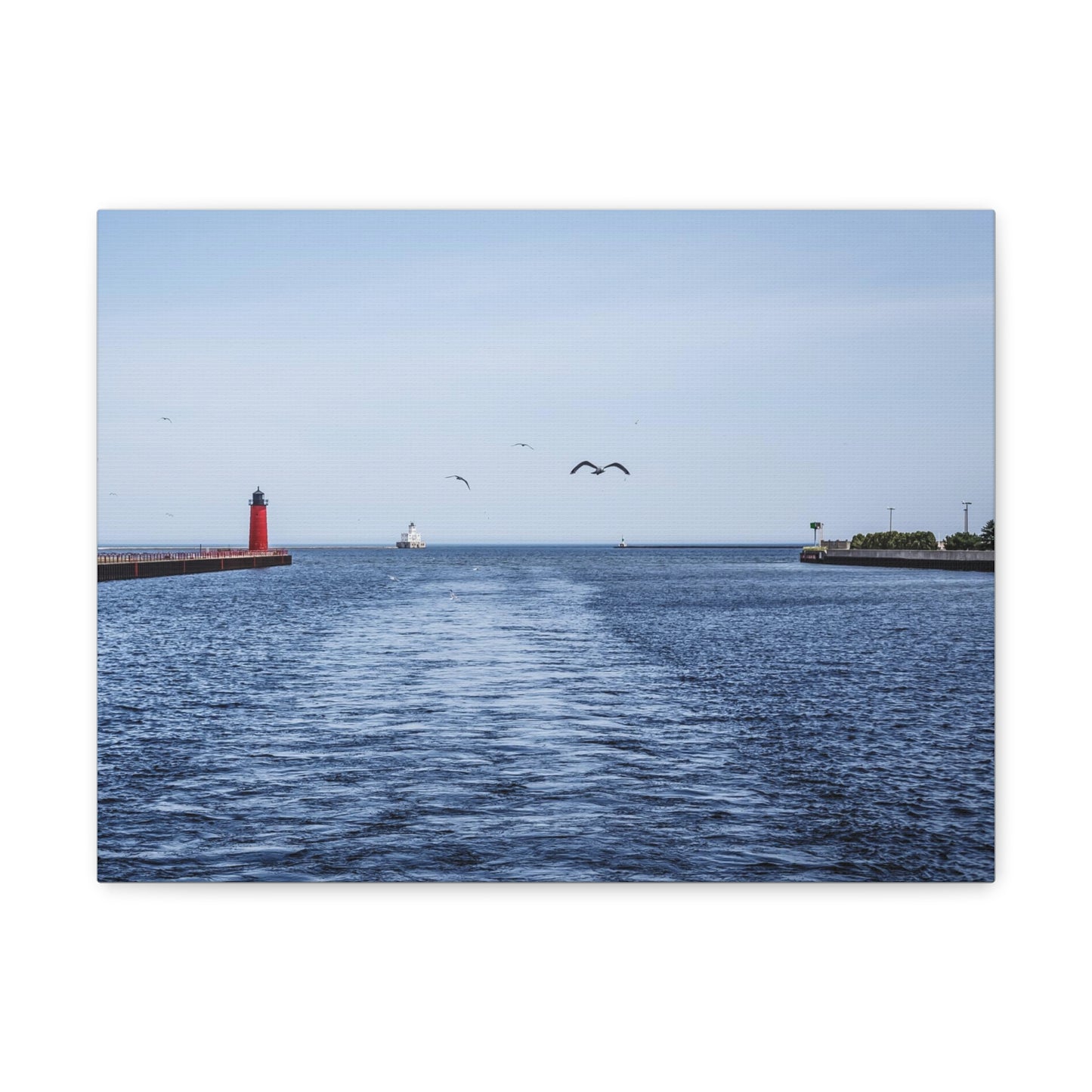 Milwaukee Pierhead Light &amp; Breakwater Lighthouse con gaviotas, fotografía lienzo envoltura arte de pared