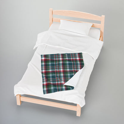 Christmas Kelly Green & Silver Philadelphia PA Plaid Velveteen Plush Blanket