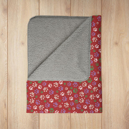 Christmas Red & White Paw Prints Detroit MI Red Fleece Sherpa Blanket