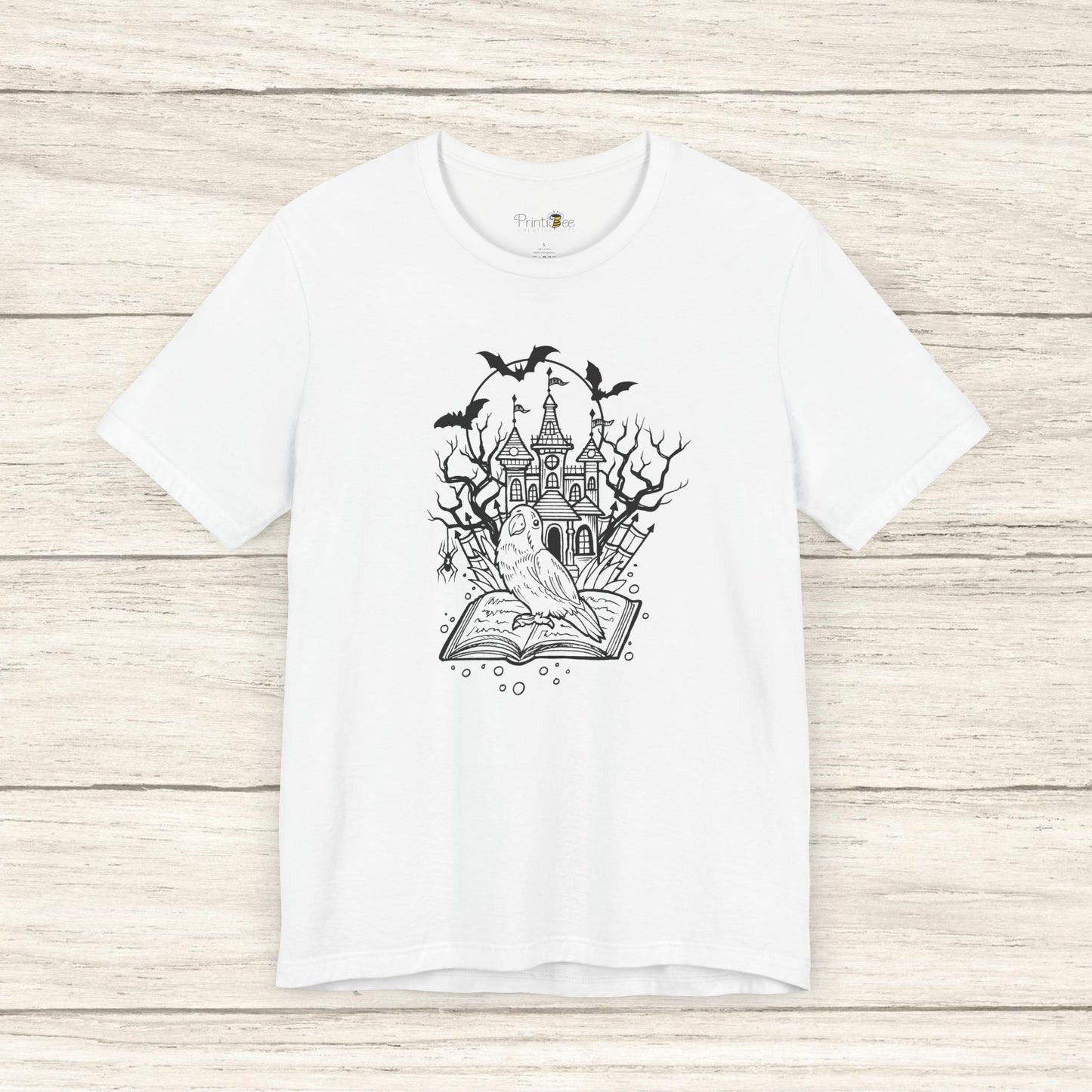 Lovebird on a Spell Book by a Haunted House, Line Art Tee