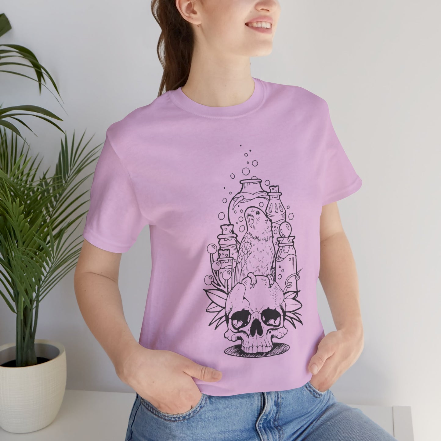 Crazy Scientist Lovebird Sitting on a Skull, Line Art Tee