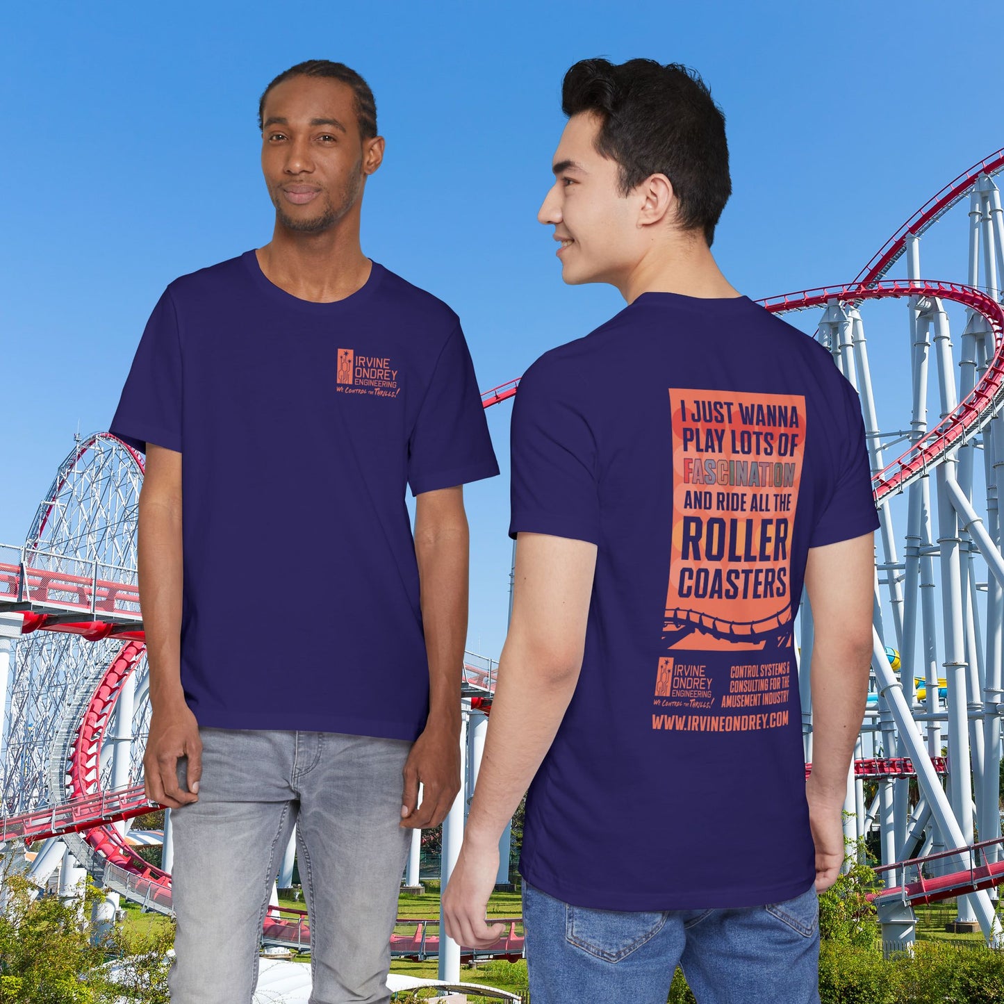 Team Navy I Just Wanna Play Fascination & Ride Roller Coasters Tee (BACK graphic) • Irvine Ondrey Engineering