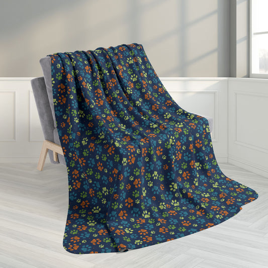 60" × 80" Orange & Light Green Ohio Paw Prints Blue Fleece Sherpa Blanket