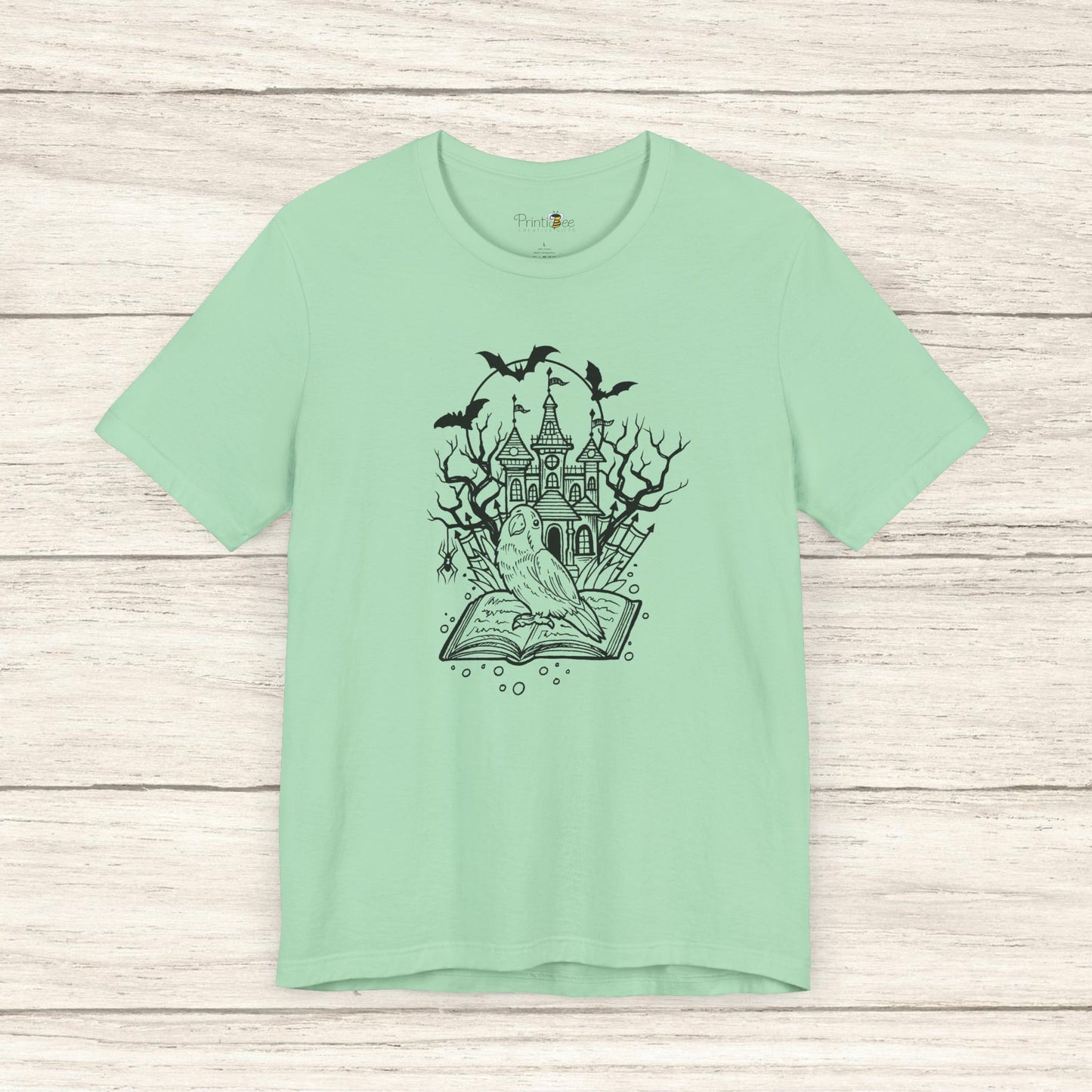 Lovebird on a Spell Book by a Haunted House, Line Art Tee