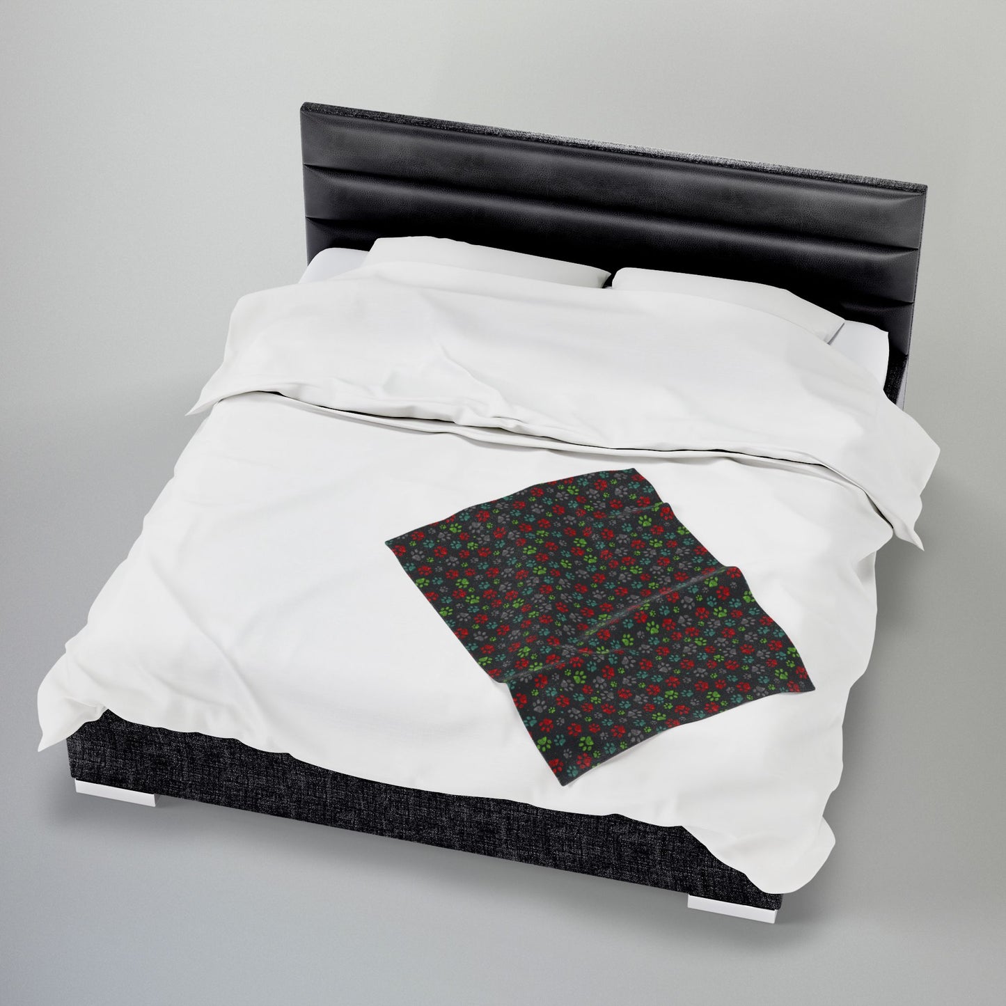 Light Green & Red Ohio Paw Prints Black Velveteen Plush Blanket